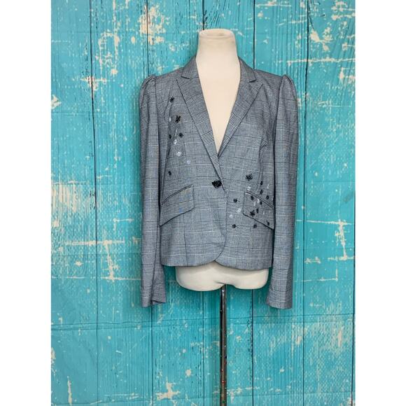 CeCe gray plaid embroidered floral one button blazer size 12 - Picture 13 of 13